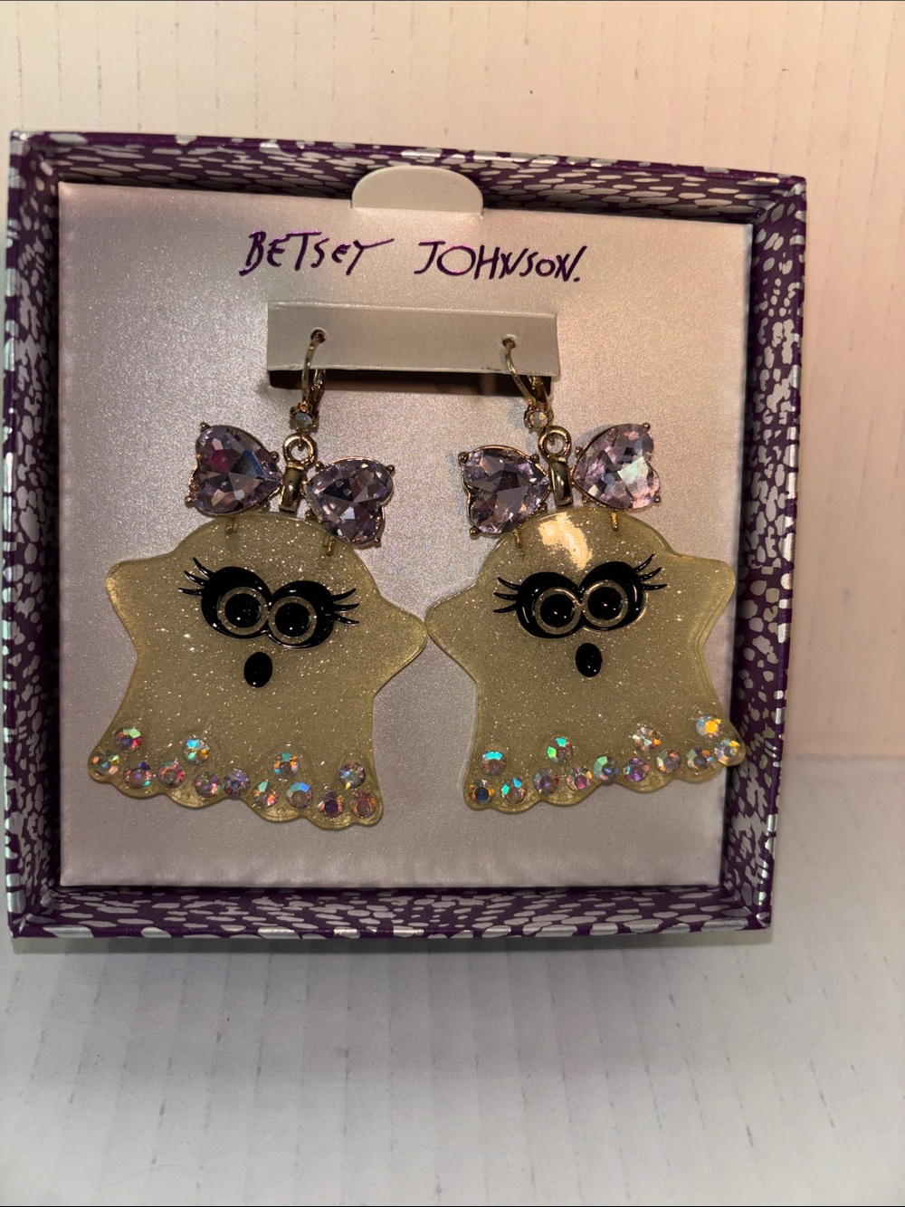 Betsey Johnson Gold Glitter Ghost Drop Earrings with Pink Bow Crystals